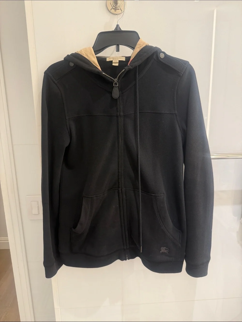 Burberry Brit Women’s Black Hoodie with Burberry Plaid Hood Lining sz S
